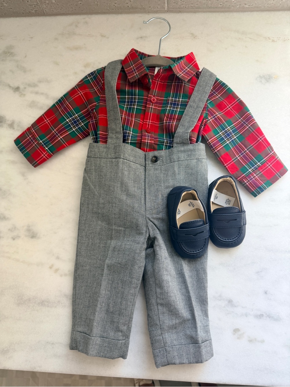 Janie and Jack Gray Suspender Pants with Red Green Plaid Shirt